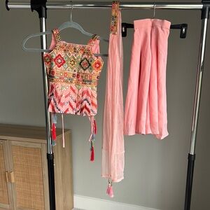 Little girls Embroidered peplum Top and Pink palazzo pants with dupatta..